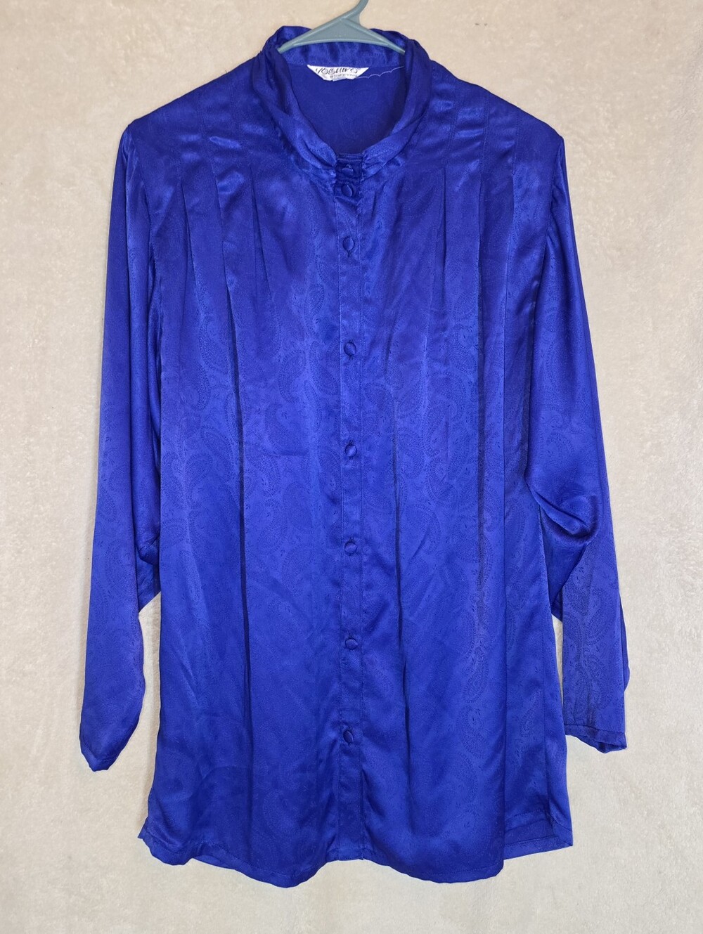Yoshiko International Royal Blue Paisley Satin Blouse Front Pleats Button-down